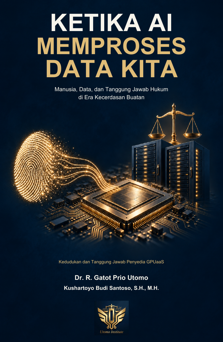 Original Ketika AI Memproses Data Kita cover with a gold fingerprint, processor, server racks and scales of justice on navy.
