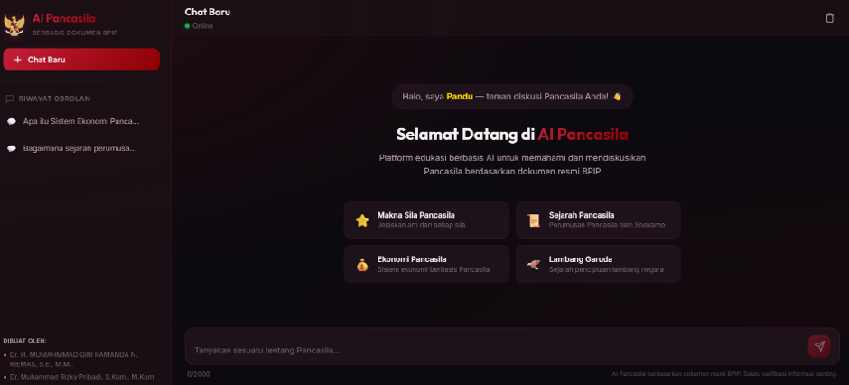 AI Pancasila welcome screen introducing Pandu, four suggested learning topics, a question field and conversation history.