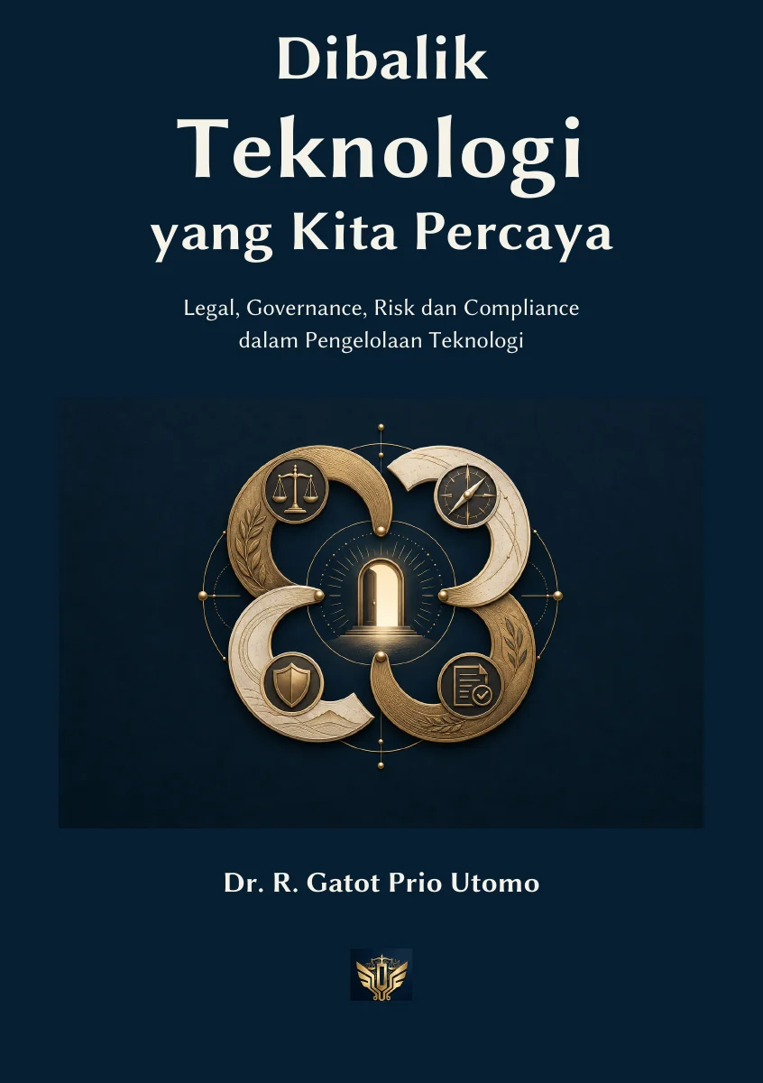 Original Dibalik Teknologi yang Kita Percaya cover with navy typography and a gold and ivory TLGRC emblem.